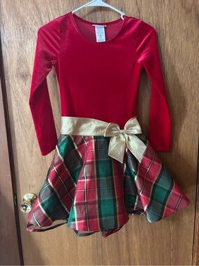 Bonnie Jean Red Velvet Plaid Holiday Dress with Gold Bow